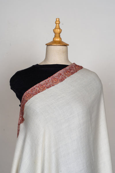 Sozni Hand Embroidered Merino Wool Shawl in Classic Ivory