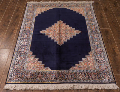 Midnight Geometric Diamond Carpet - Hand Knotted Pure Silk Kashmiri Carpet (6ft * 4ft))