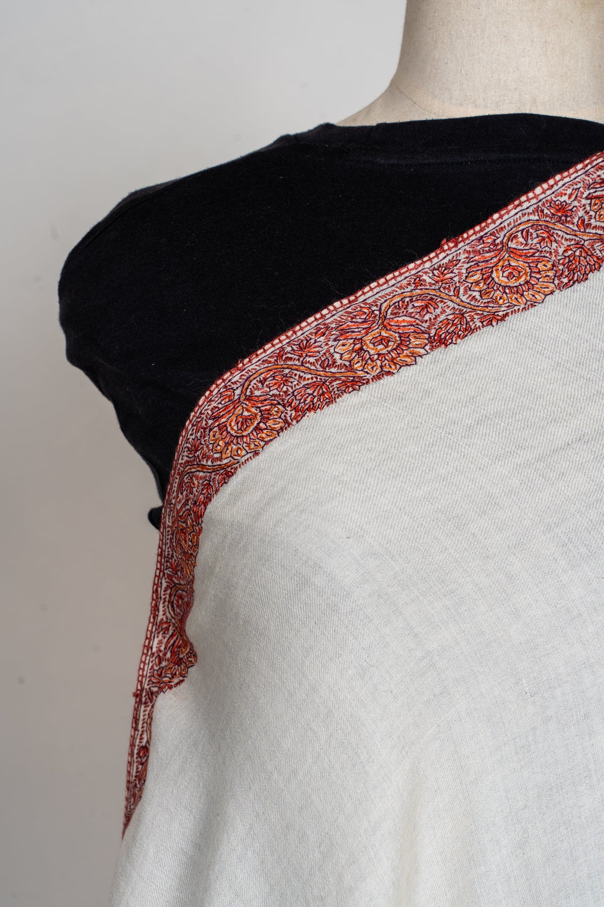 Sozni Hand Embroidered Merino Wool Shawl in Classic Ivory