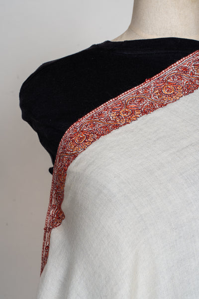 Sozni Hand Embroidered Merino Wool Shawl in Classic Ivory