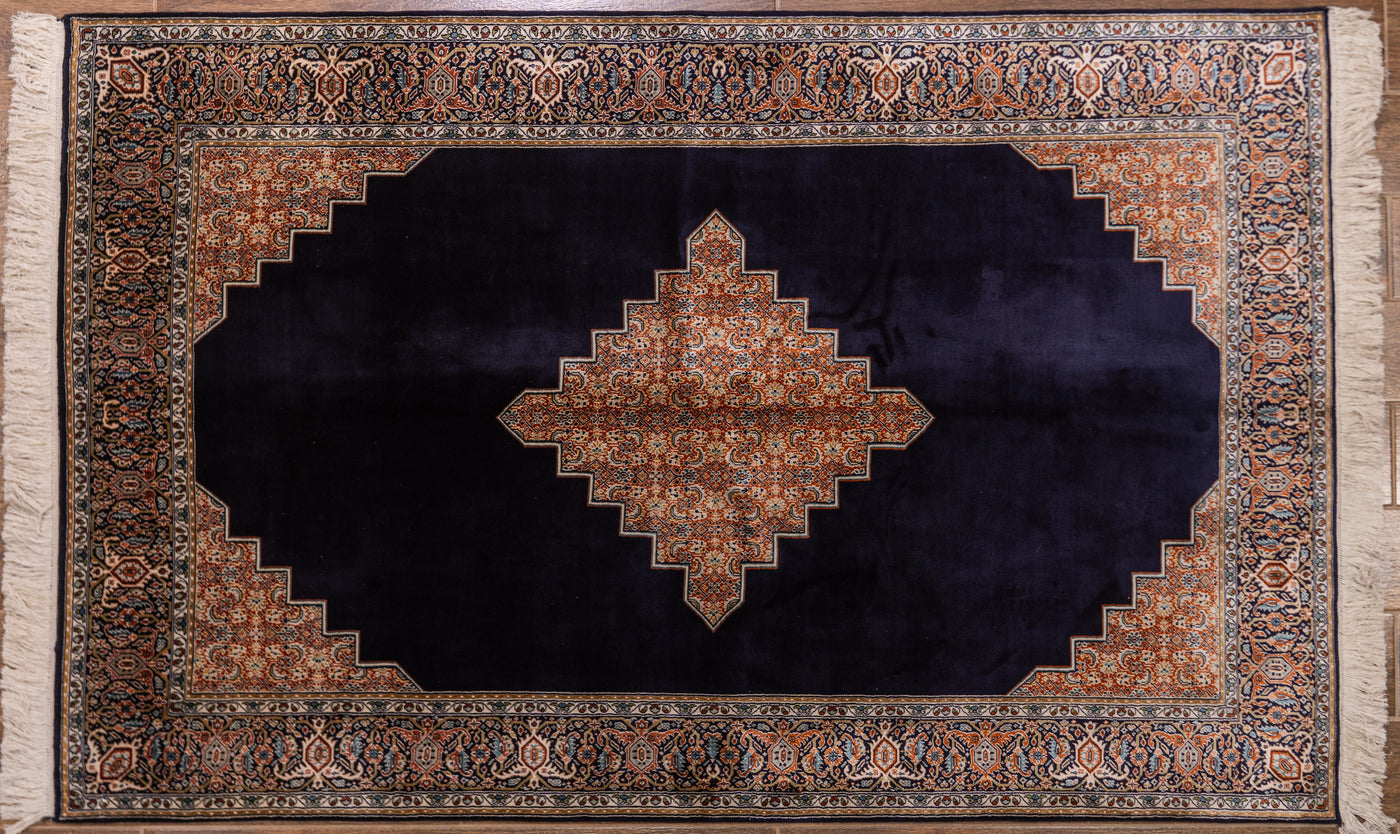 Midnight Geometric Diamond Carpet - Hand Knotted Pure Silk Kashmiri Carpet (6ft * 4ft))