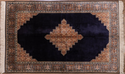 Midnight Geometric Diamond Carpet - Hand Knotted Pure Silk Kashmiri Carpet (6ft * 4ft))