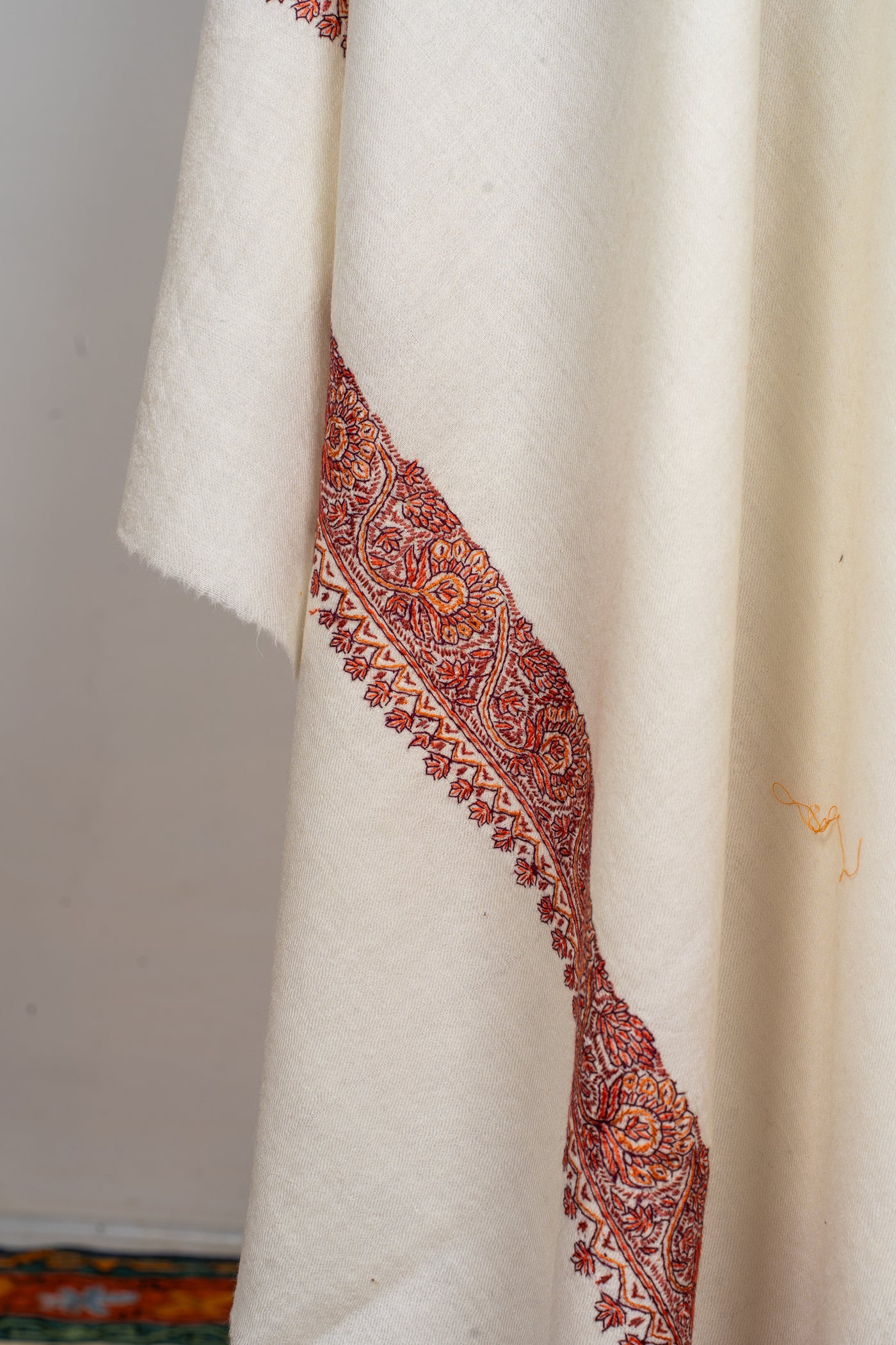 Sozni Hand Embroidered Merino Wool Shawl in Classic Ivory
