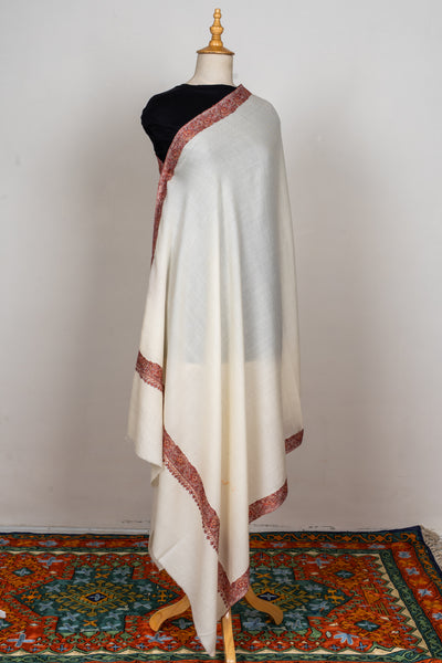 Sozni Hand Embroidered Merino Wool Shawl in Classic Ivory