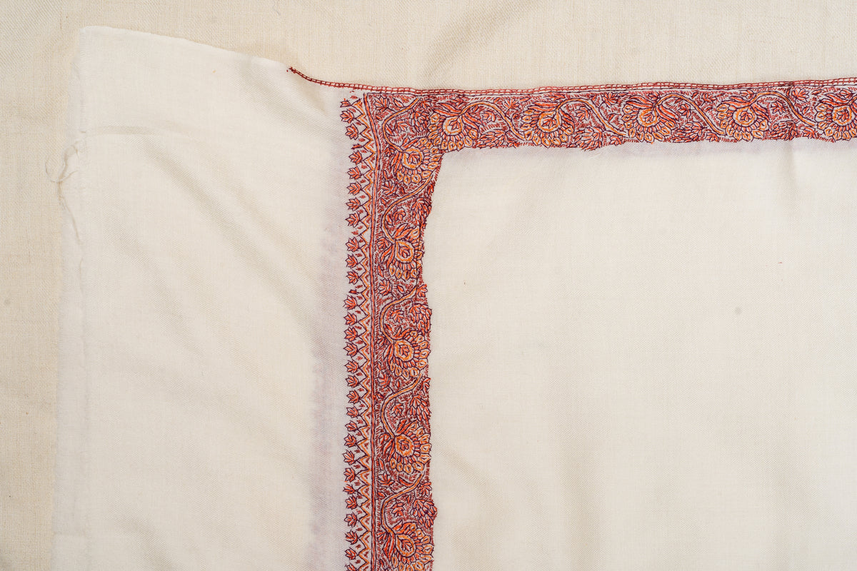 Sozni Hand Embroidered Merino Wool Shawl in Classic Ivory