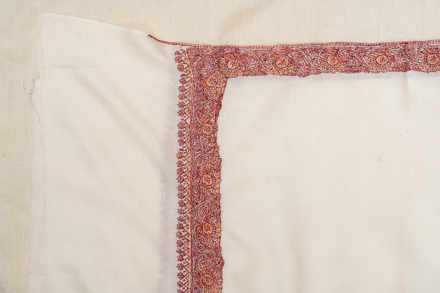 Sozni Hand Embroidered Merino Wool Shawl in Classic Ivory