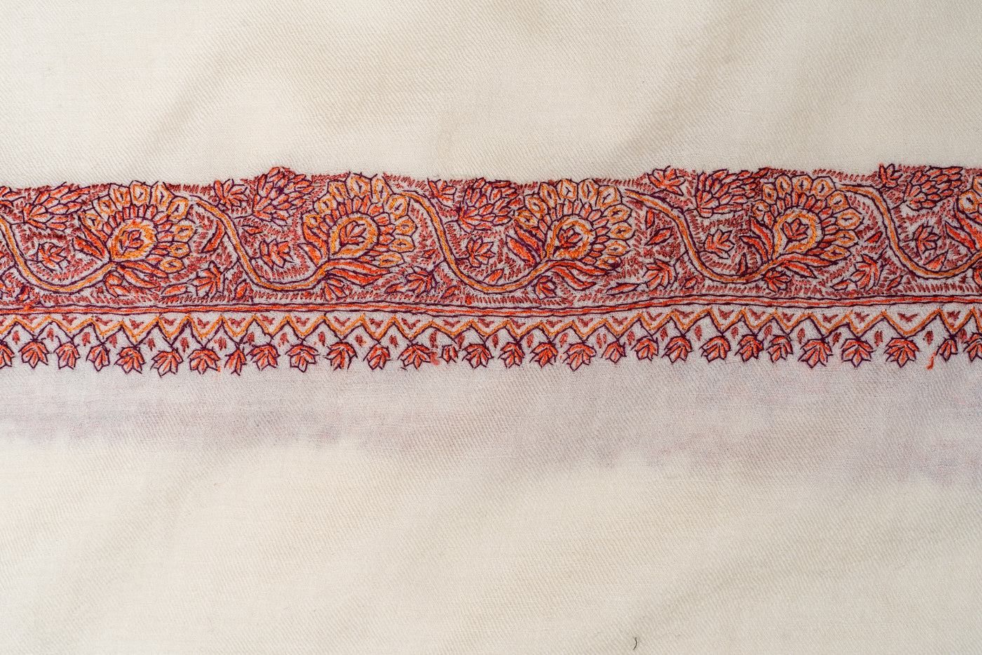 Sozni Hand Embroidered Merino Wool Shawl in Classic Ivory