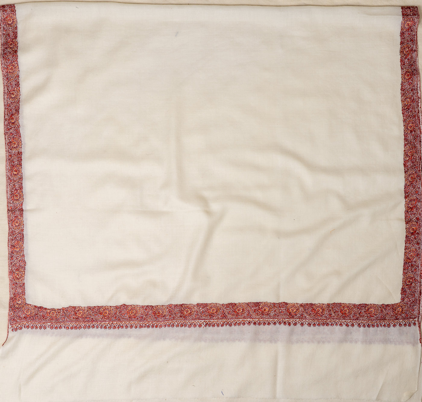 Sozni Hand Embroidered Merino Wool Shawl in Classic Ivory