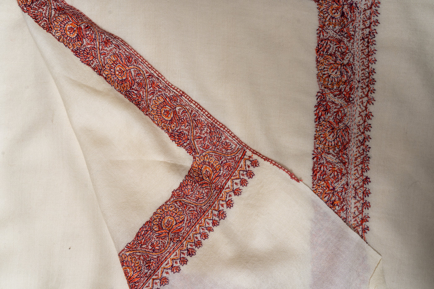 Sozni Hand Embroidered Merino Wool Shawl in Classic Ivory