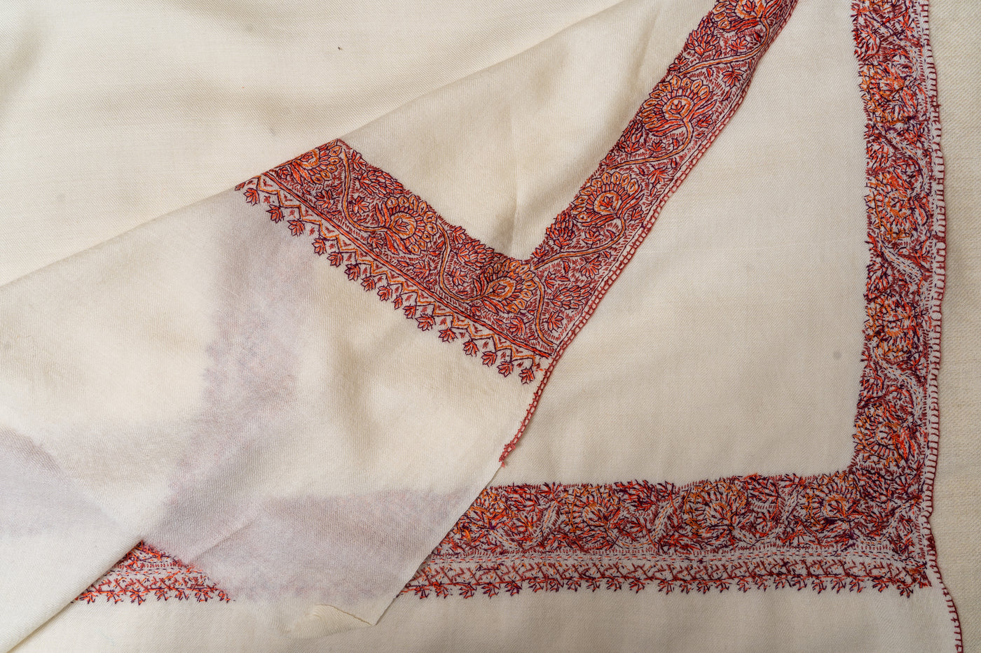 Sozni Hand Embroidered Merino Wool Shawl in Classic Ivory