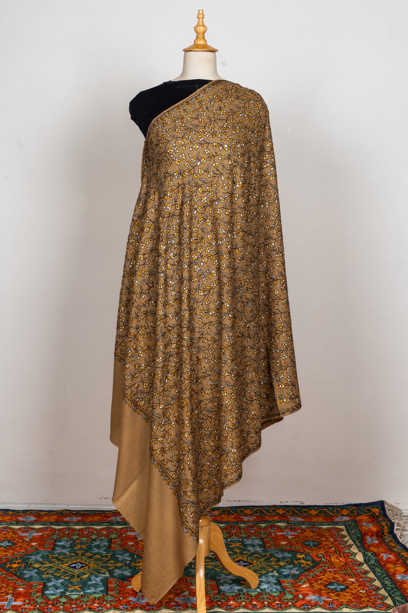 Sozni Hand Embroidered Merino Wool Shawl in Autumn Gold