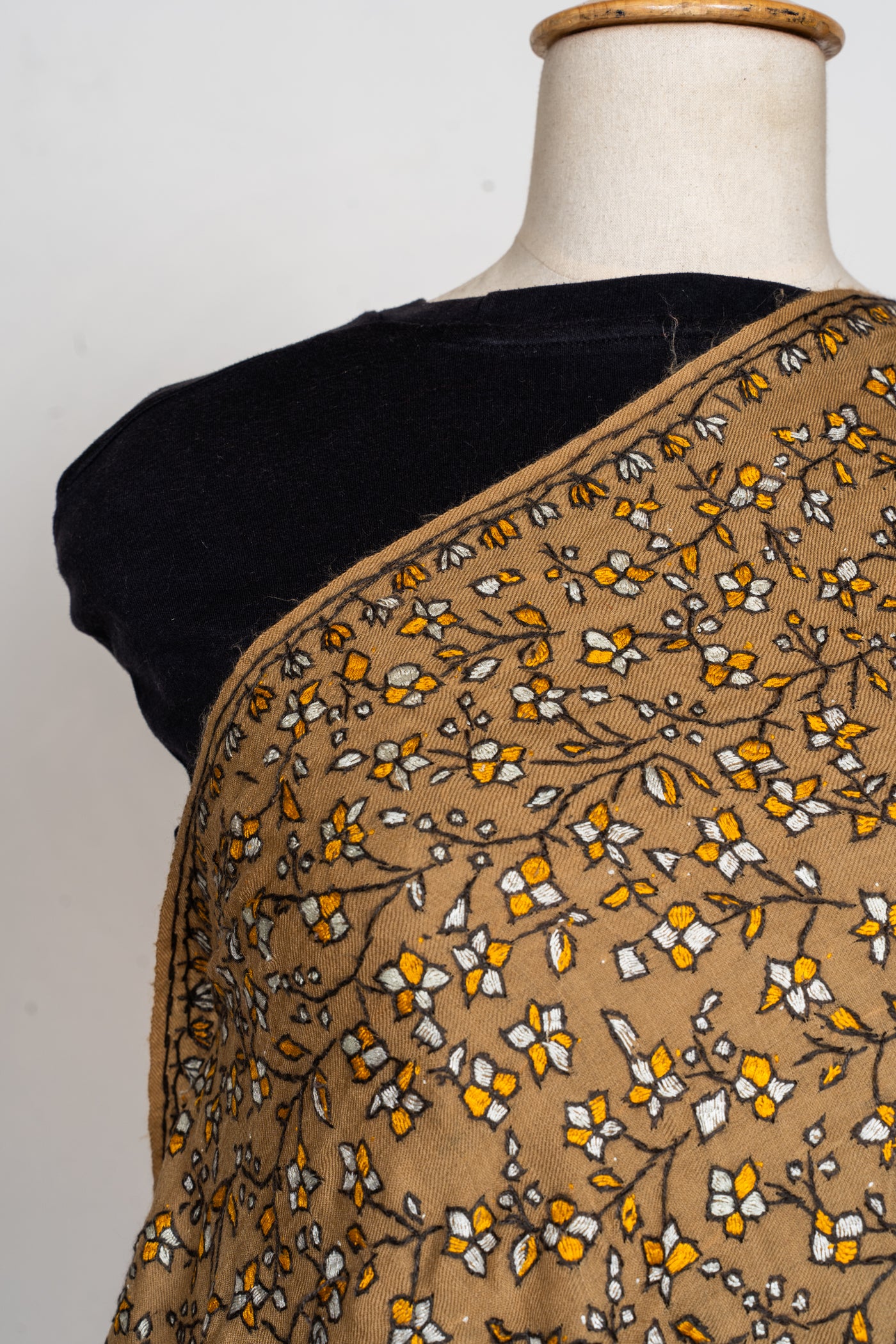 Sozni Hand Embroidered Merino Wool Shawl in Autumn Gold
