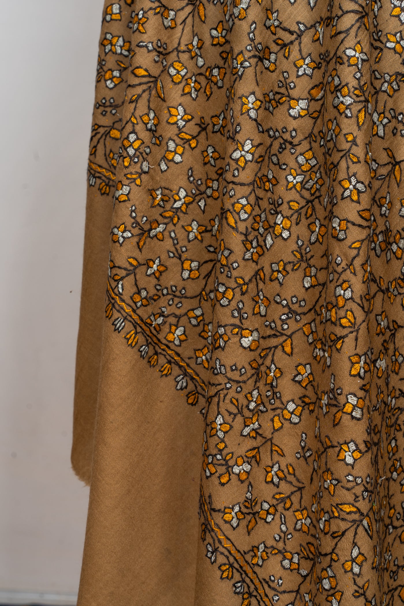 Sozni Hand Embroidered Merino Wool Shawl in Autumn Gold
