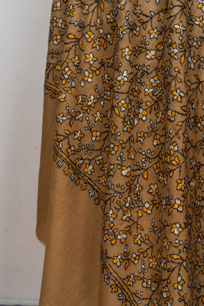 Sozni Hand Embroidered Merino Wool Shawl in Autumn Gold