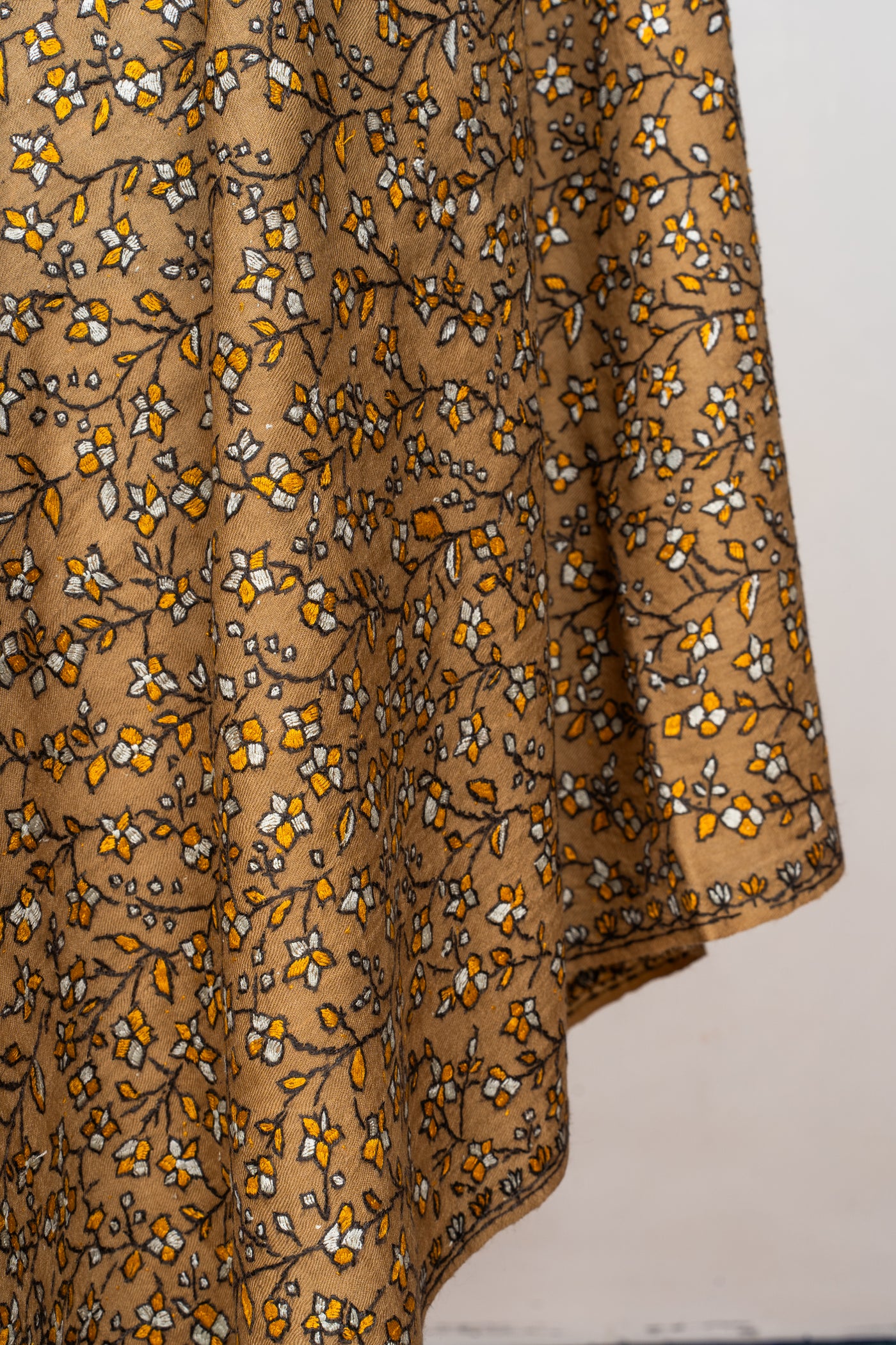 Sozni Hand Embroidered Merino Wool Shawl in Autumn Gold