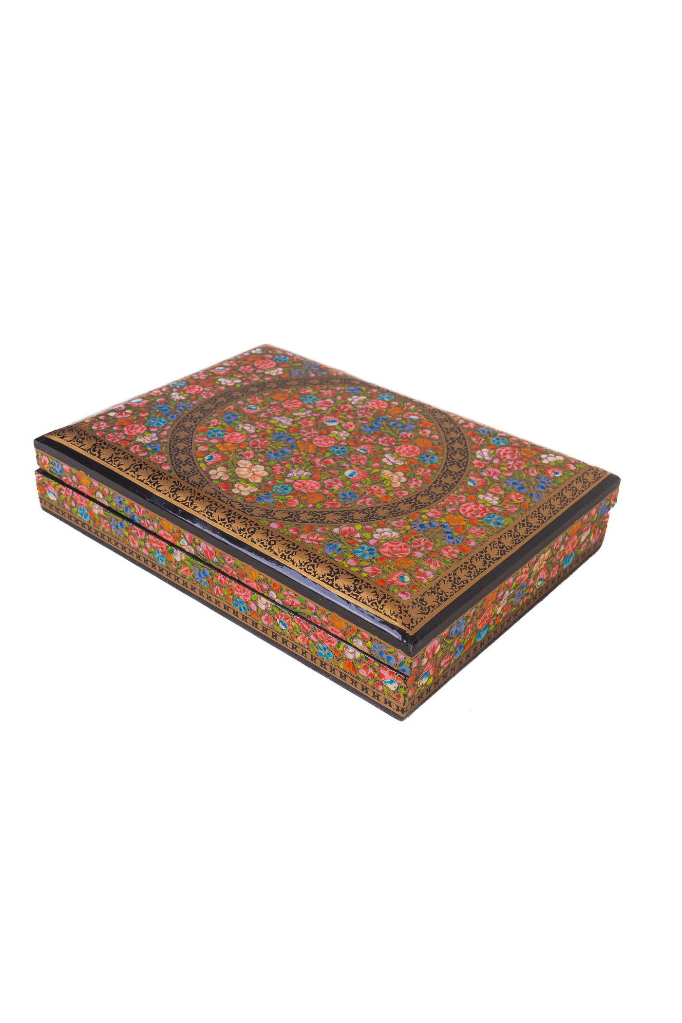 Golden Floral Radiance Rectangular Hand-Painted Paper Mache Box