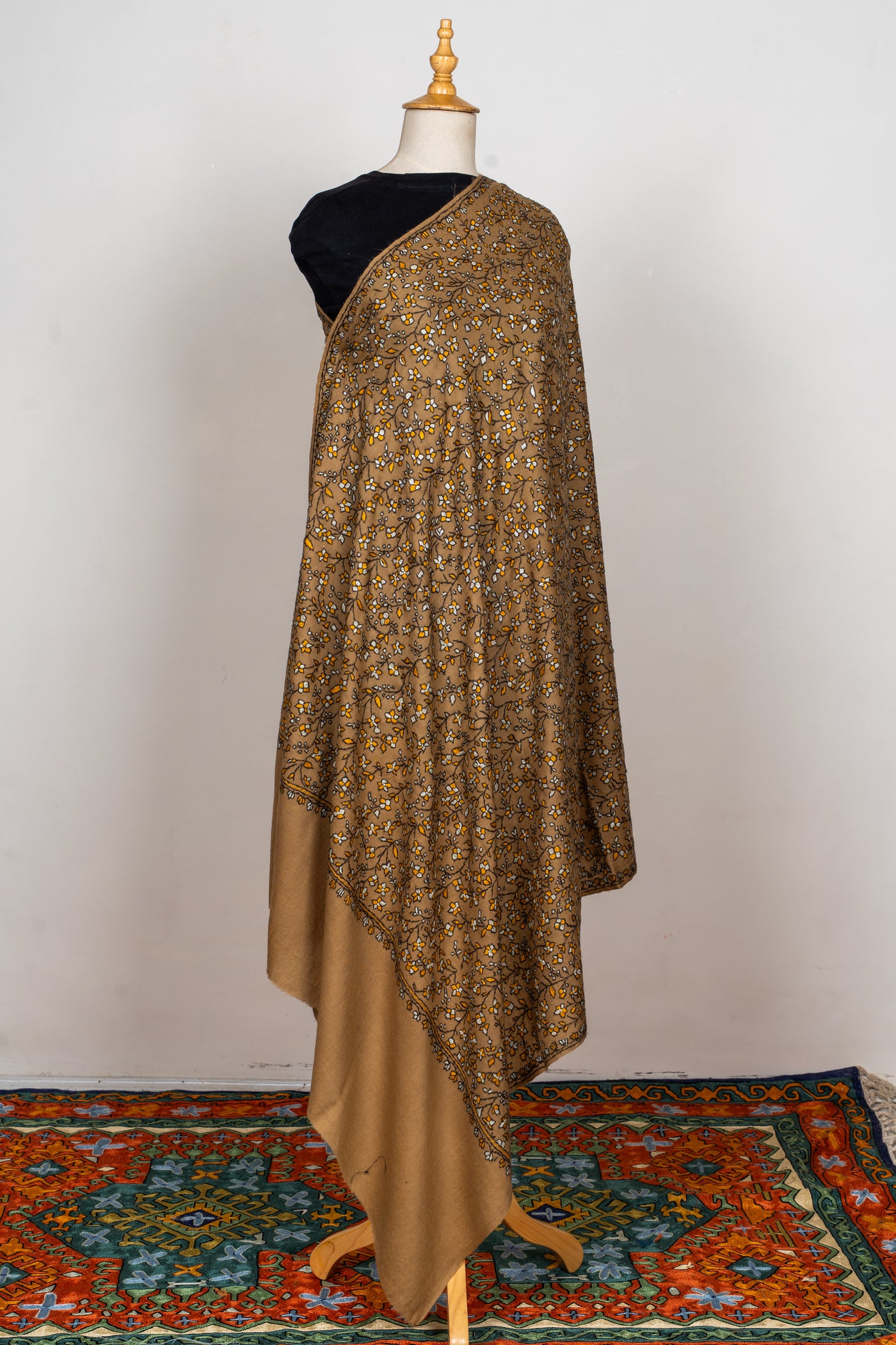 Sozni Hand Embroidered Merino Wool Shawl in Autumn Gold