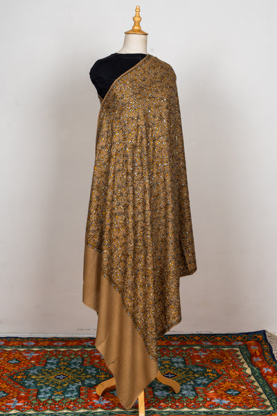 Sozni Hand Embroidered Merino Wool Shawl in Autumn Gold