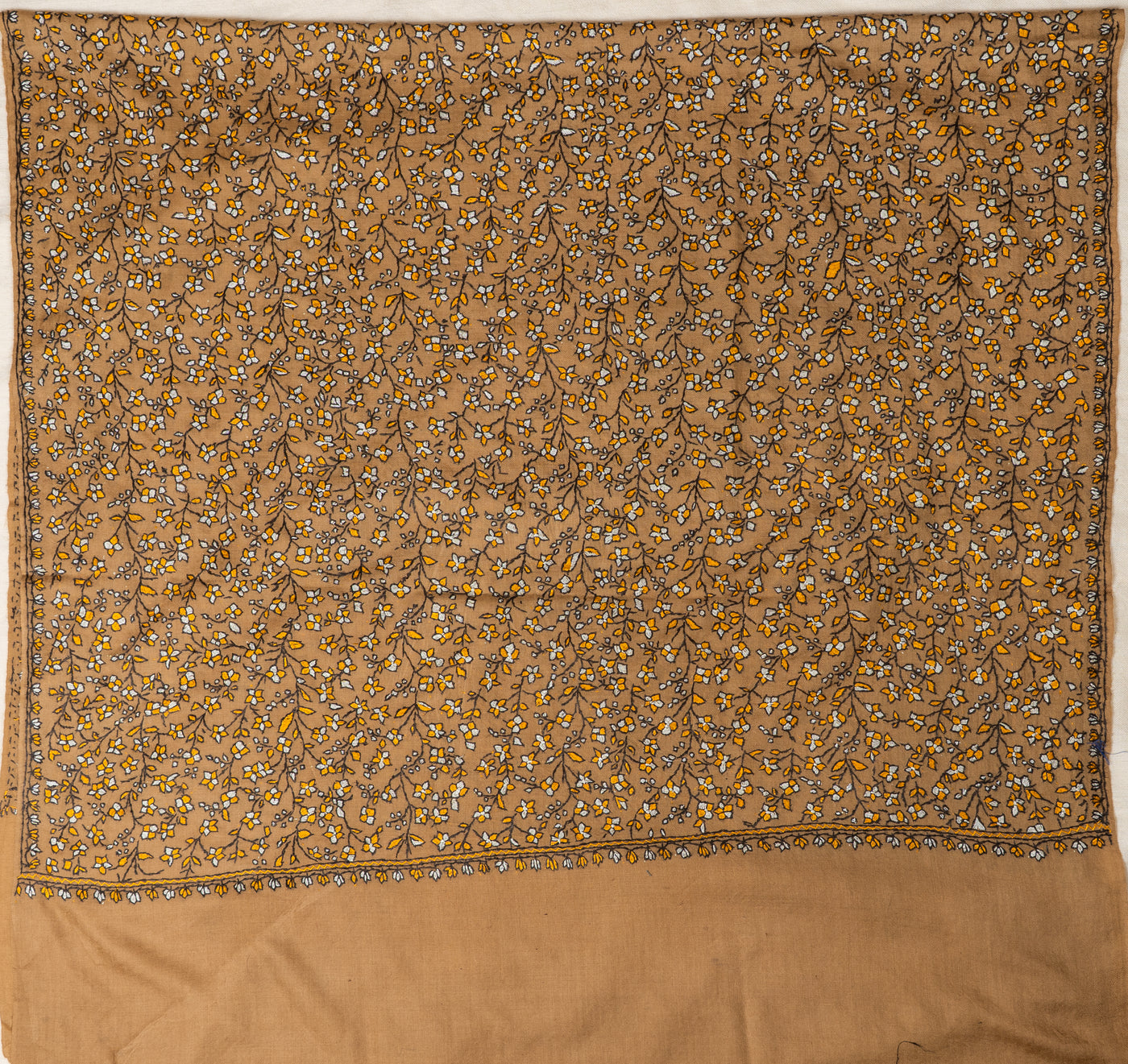 Sozni Hand Embroidered Merino Wool Shawl in Autumn Gold