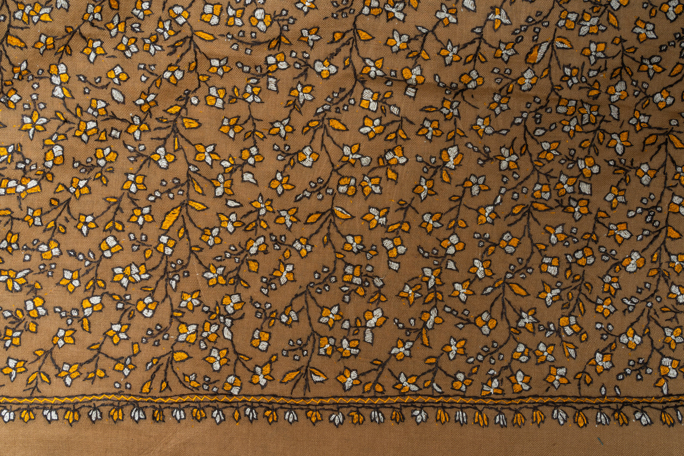 Sozni Hand Embroidered Merino Wool Shawl in Autumn Gold
