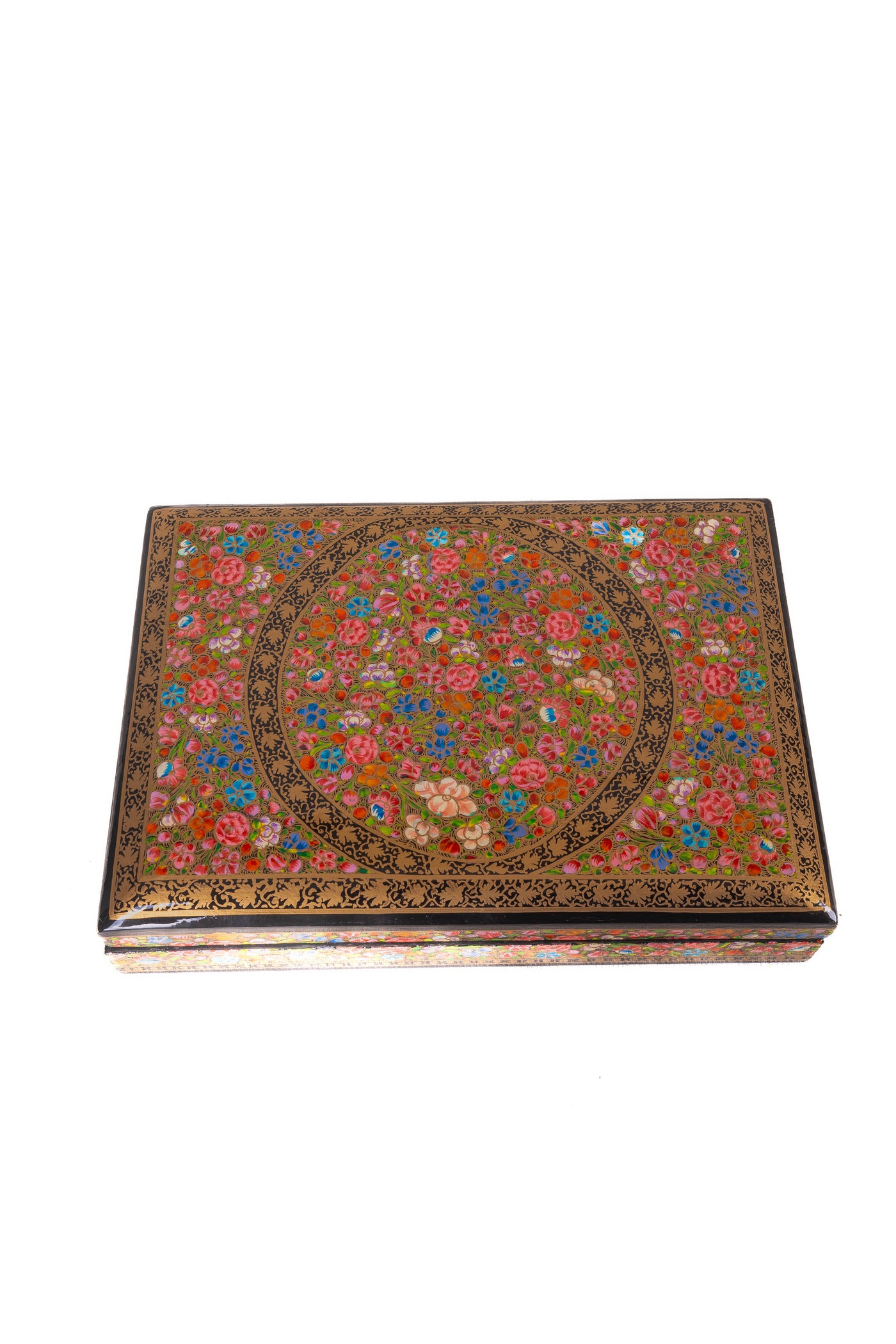 Golden Floral Radiance Rectangular Hand-Painted Paper Mache Box