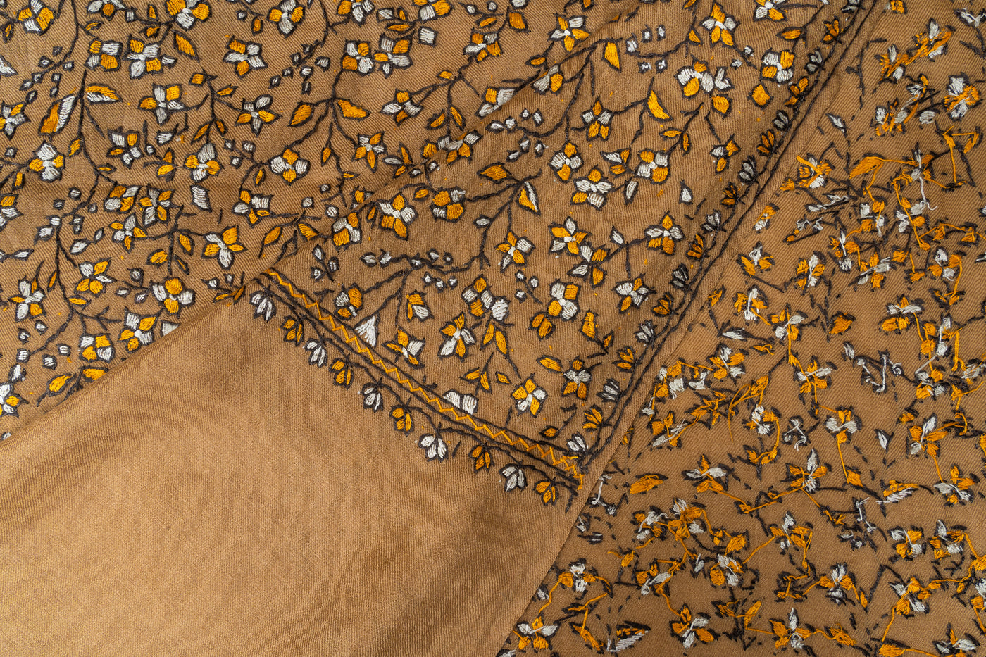 Sozni Hand Embroidered Merino Wool Shawl in Autumn Gold