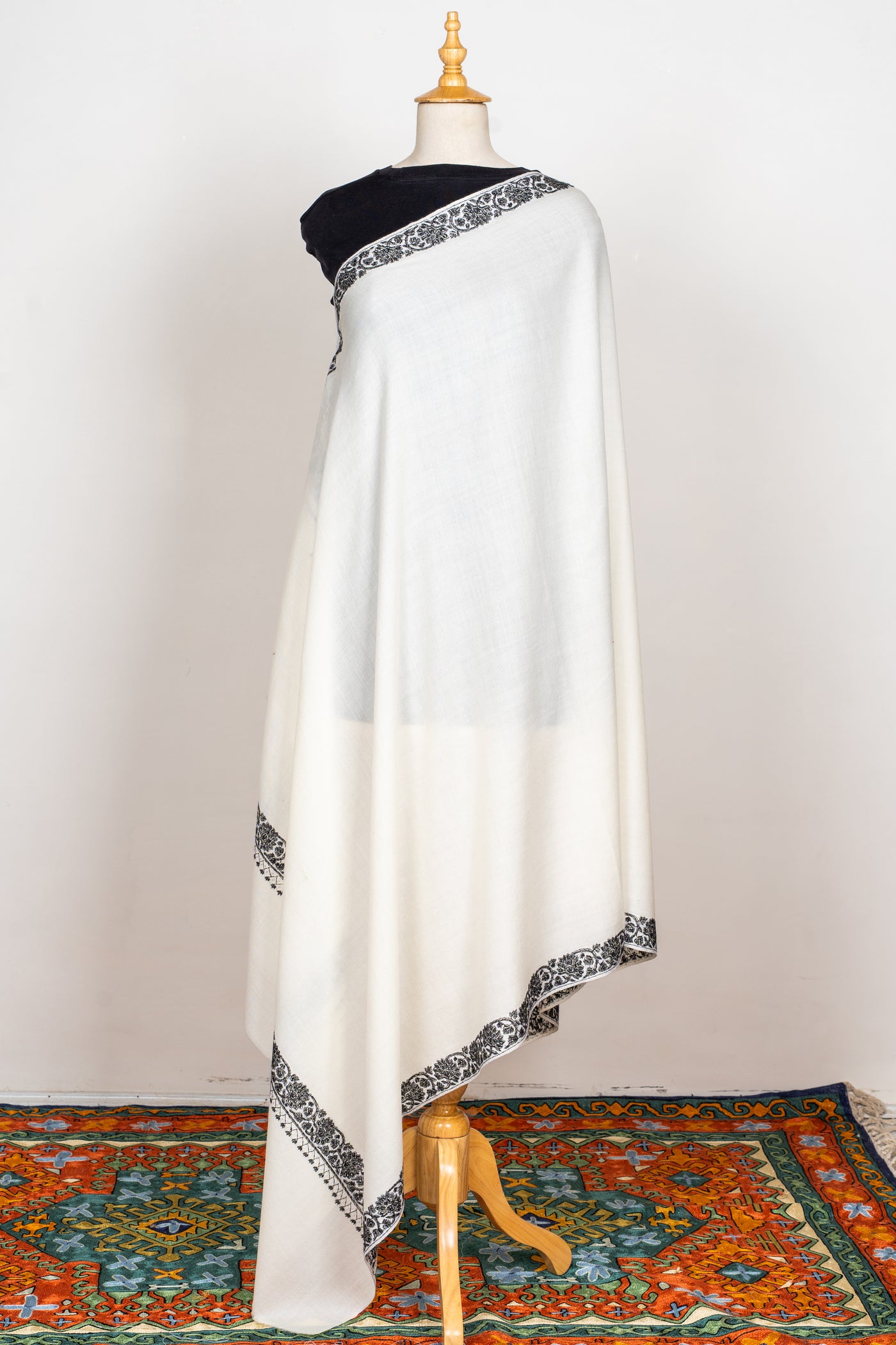 Monochrome Elegance Sozni Hand Embroidered Merino Wool Shawl
