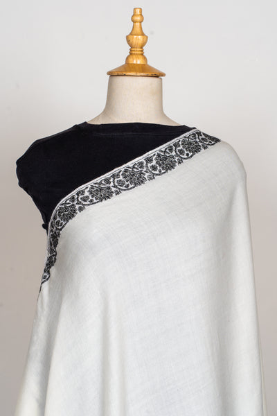 Monochrome Elegance Sozni Hand Embroidered Merino Wool Shawl