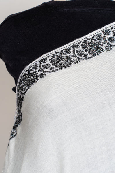 Monochrome Elegance Sozni Hand Embroidered Merino Wool Shawl