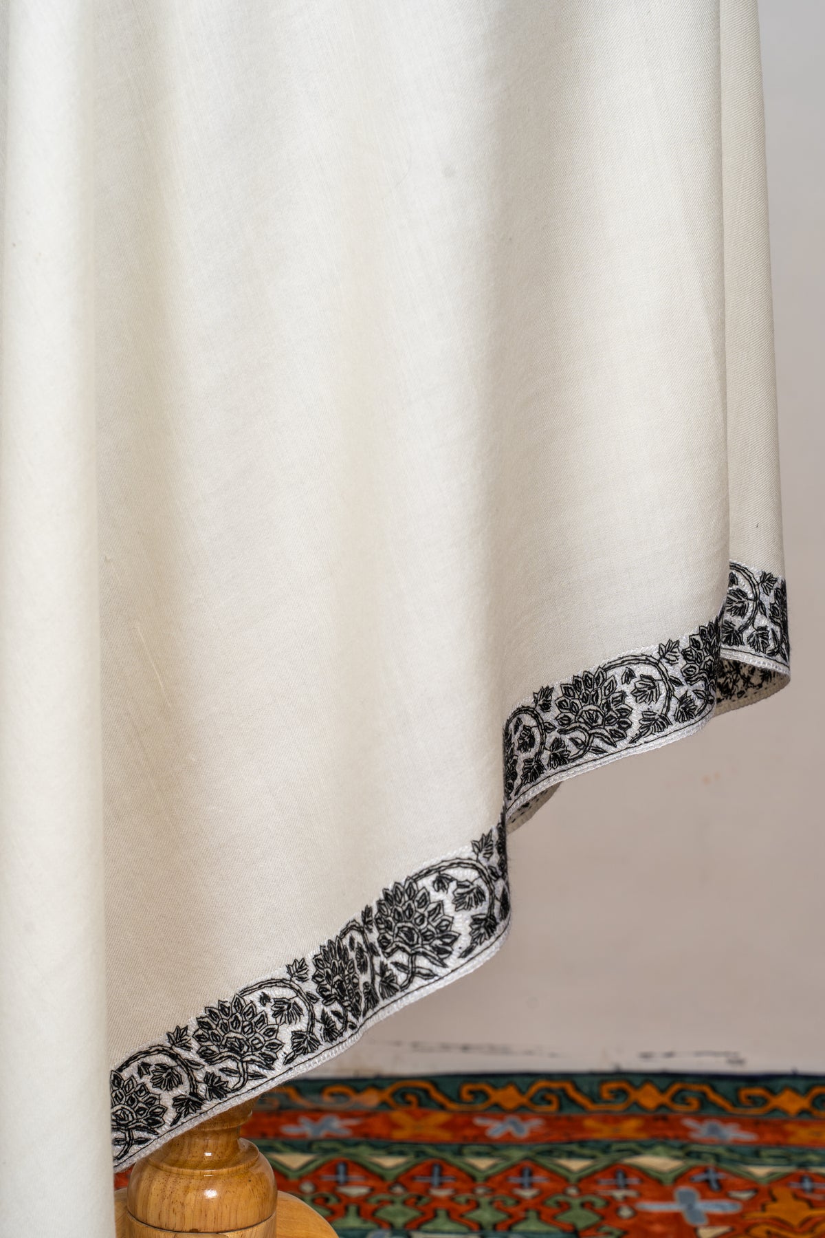 Monochrome Elegance Sozni Hand Embroidered Merino Wool Shawl