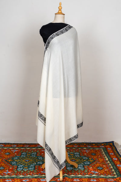 Monochrome Elegance Sozni Hand Embroidered Merino Wool Shawl