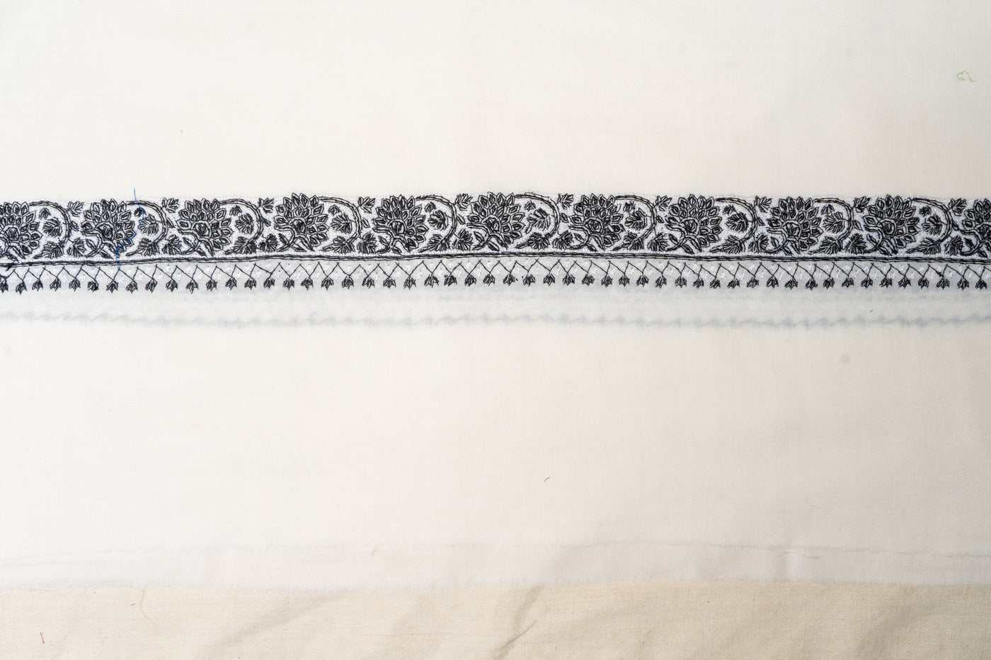 Monochrome Elegance Sozni Hand Embroidered Merino Wool Shawl