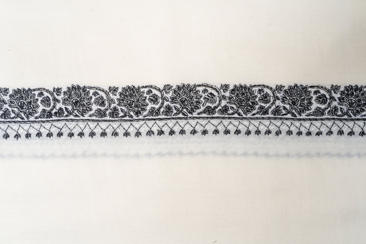 Monochrome Elegance Sozni Hand Embroidered Merino Wool Shawl