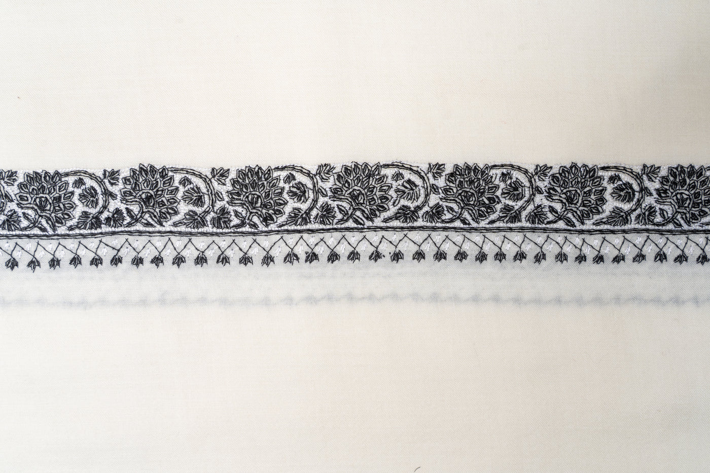 Monochrome Elegance Sozni Hand Embroidered Merino Wool Shawl