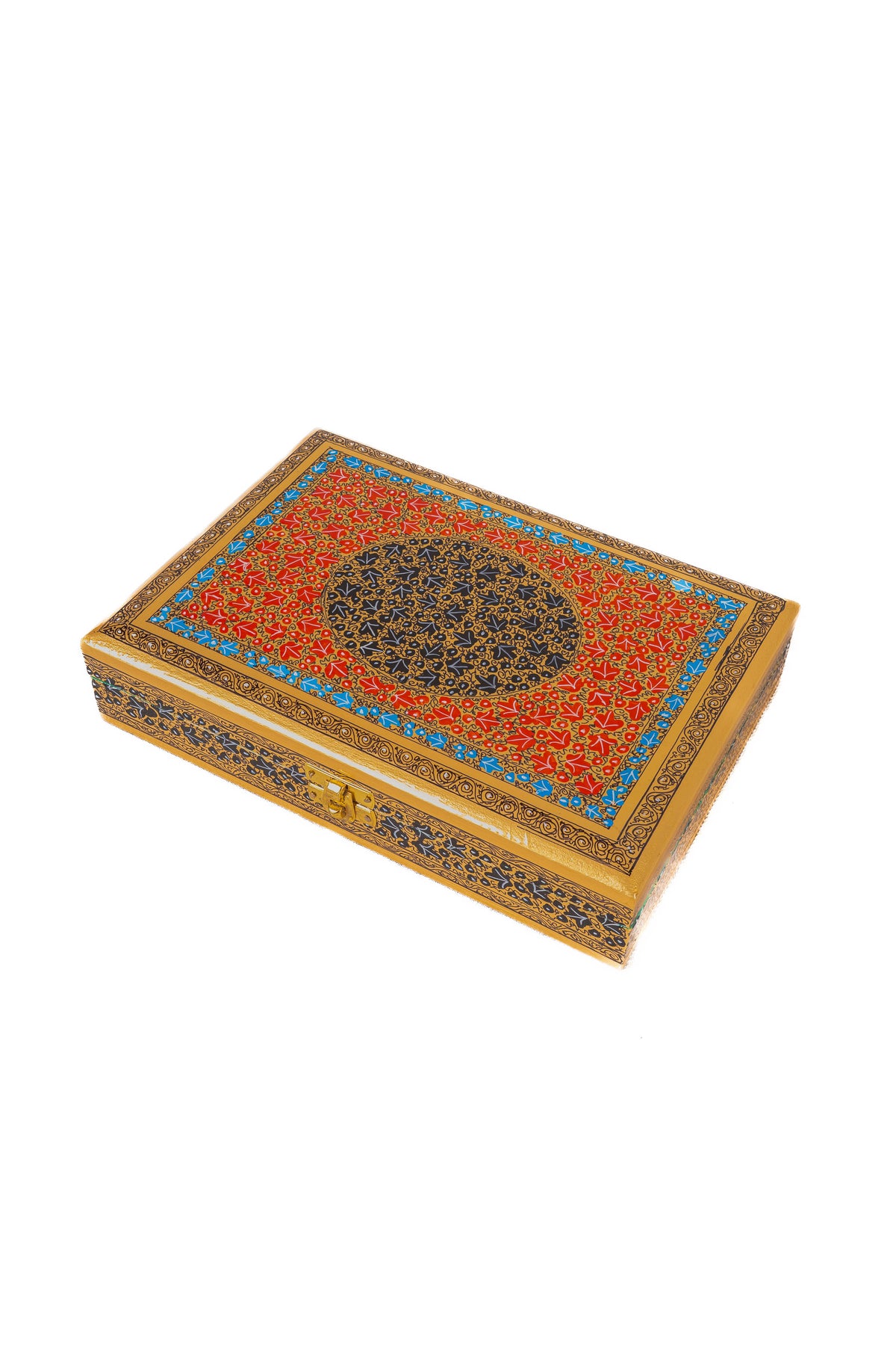 Three-quarter view of the closed red paper mache box with its gold front clasp and patterned dark side panels.