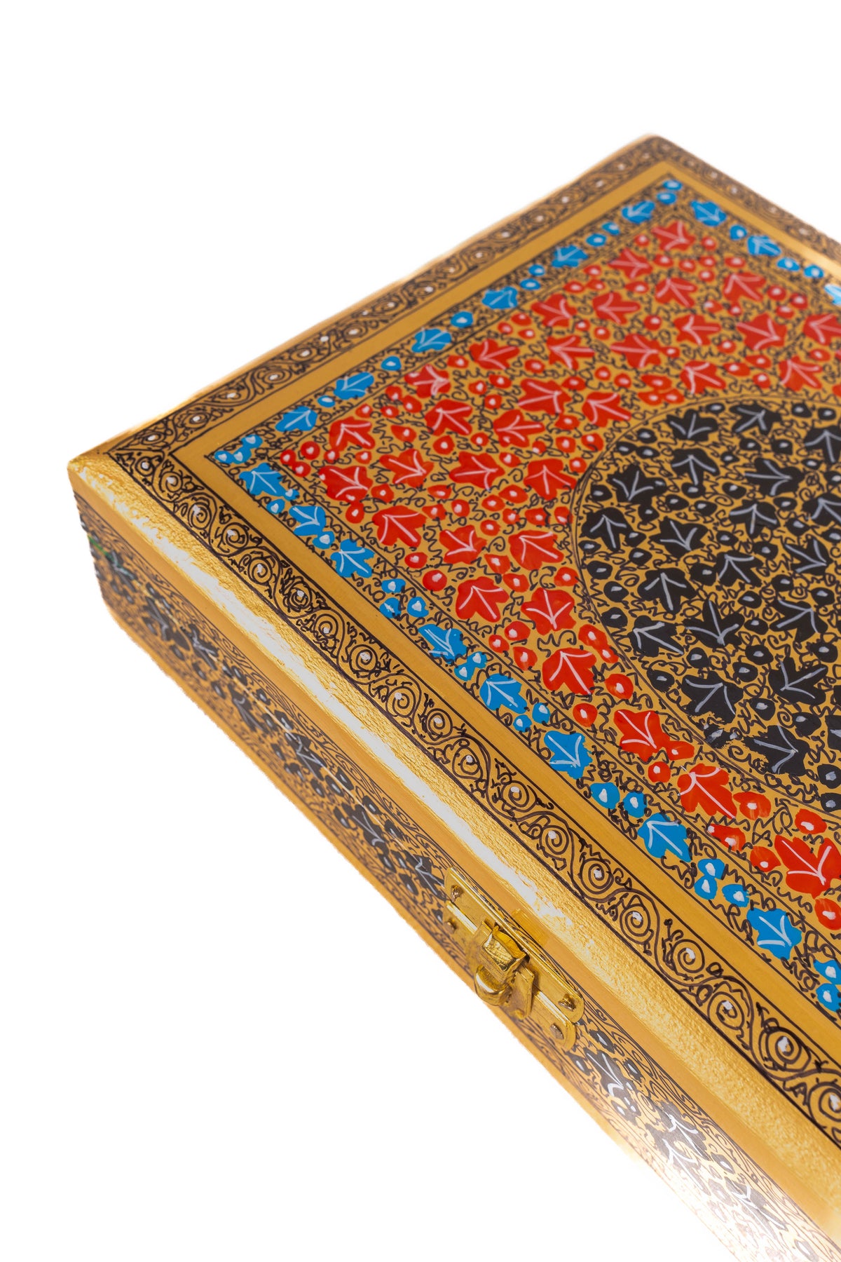 Close-up of a corner of the red painted lid, with fine gold floral work, blue edging and the front clasp below.