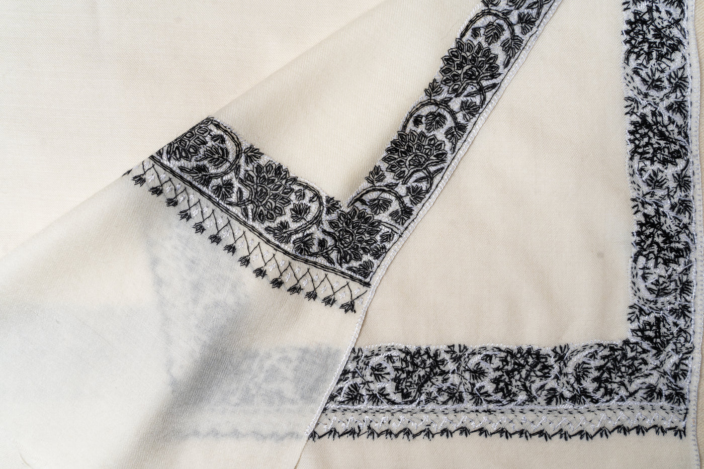 Monochrome Elegance Sozni Hand Embroidered Merino Wool Shawl