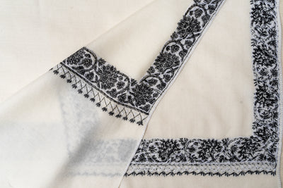 Monochrome Elegance Sozni Hand Embroidered Merino Wool Shawl