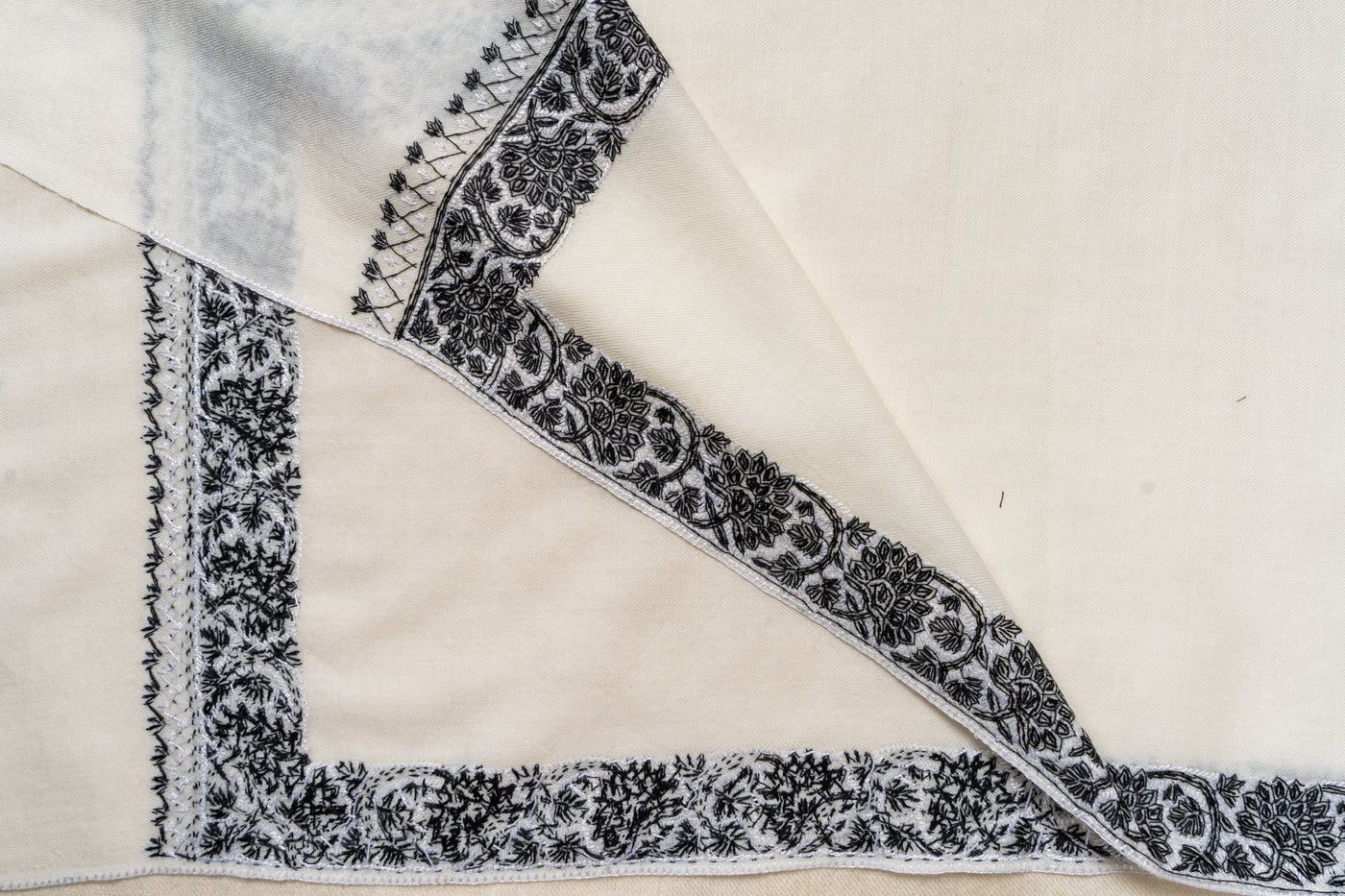 Monochrome Elegance Sozni Hand Embroidered Merino Wool Shawl