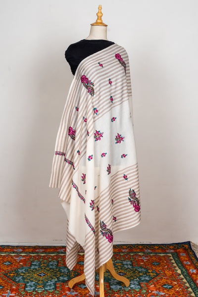 Sozni Hand Embroidered Merino Wool Shawl with Pink Floral Medallions