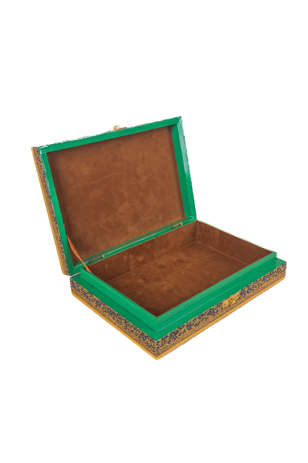 Front angled view of the open storage box with a brown interior and bright green trim around the lid and base.