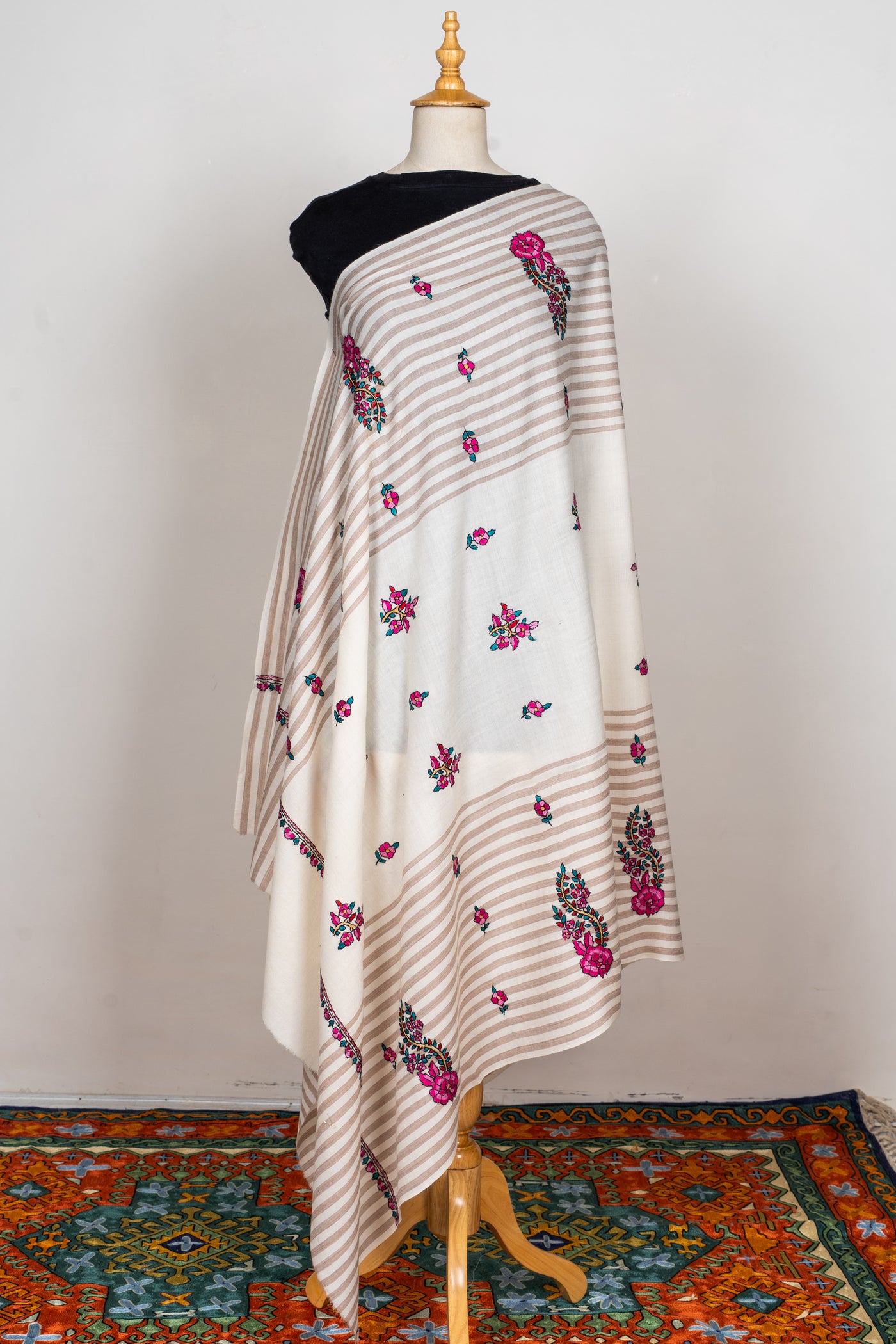 Sozni Hand Embroidered Merino Wool Shawl with Pink Floral Medallions