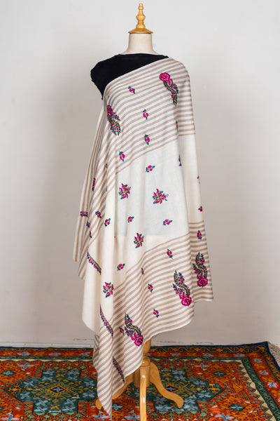 Sozni Hand Embroidered Merino Wool Shawl with Pink Floral Medallions