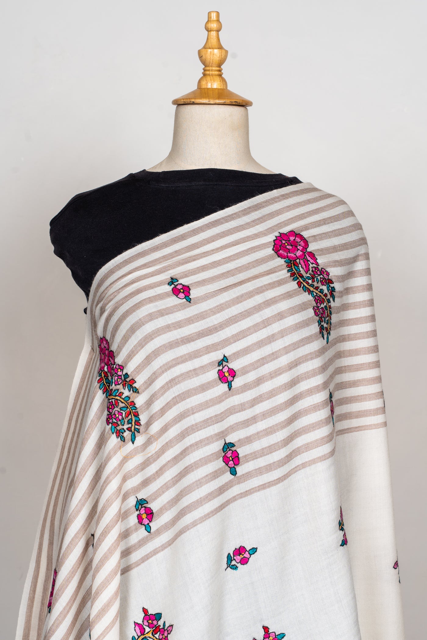 Sozni Hand Embroidered Merino Wool Shawl with Pink Floral Medallions