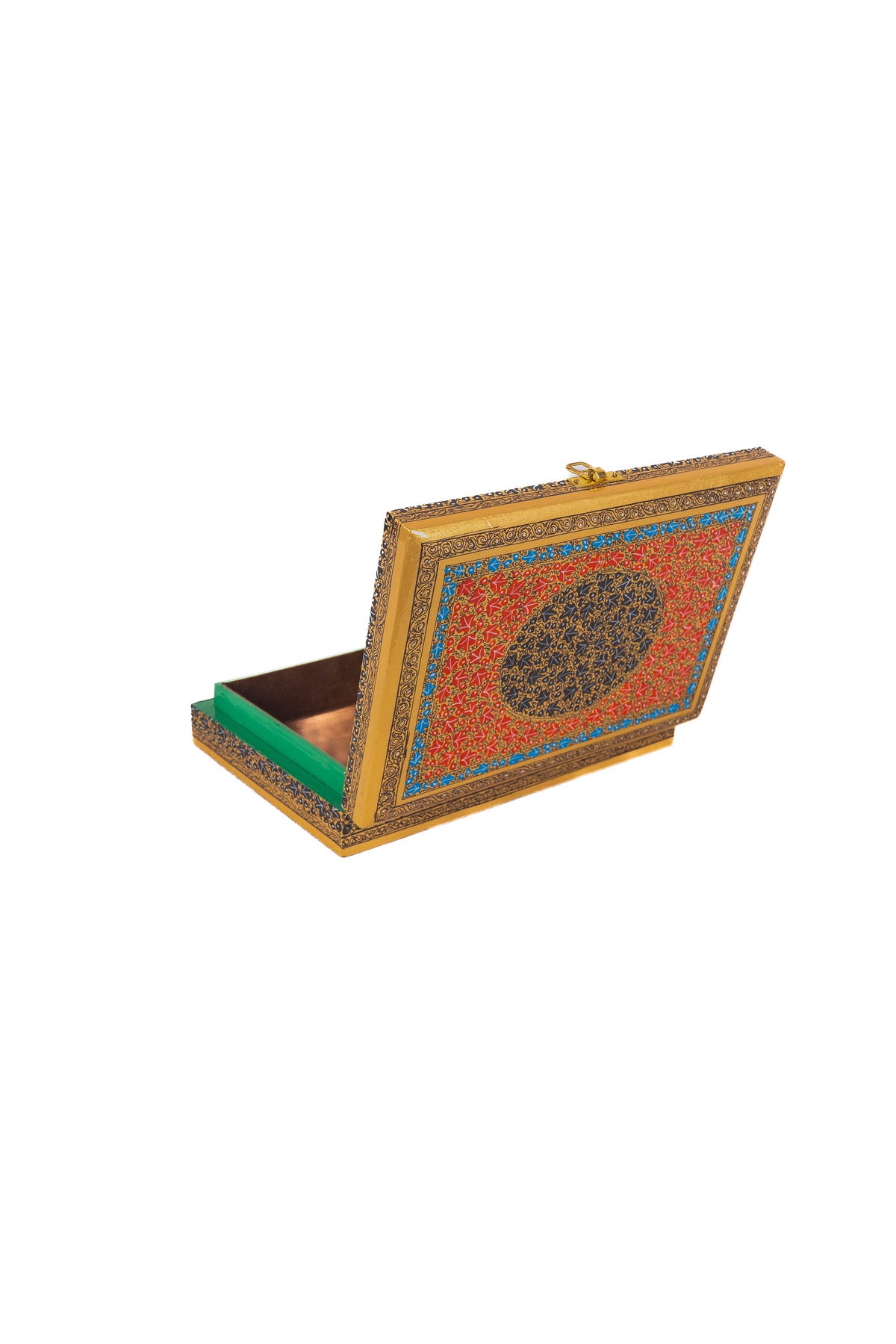 Open paper mache box viewed from behind its upright painted lid, with a red field, dark medallion and gold-and-blue borders.