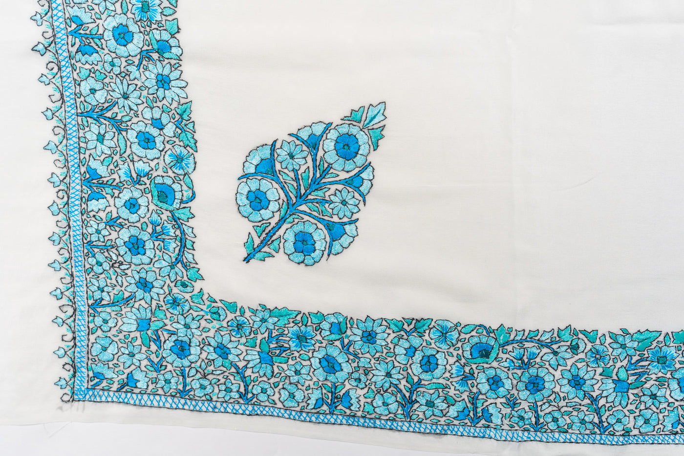 Exquisite Sozni Hand Embroidered Pure Crepe Saree in Serene Blue