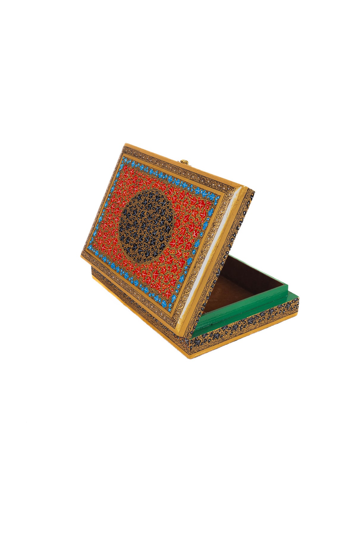 Three-quarter view of the raised red-and-gold lid with a dark floral medallion and a glimpse of the green-rimmed base.