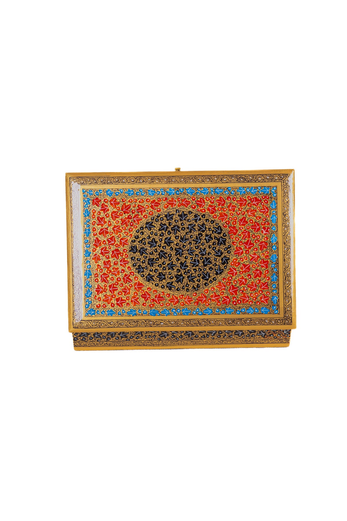 Straight-on view of the open box’s raised lid with a dark floral medallion centred within red, blue and gold borders.