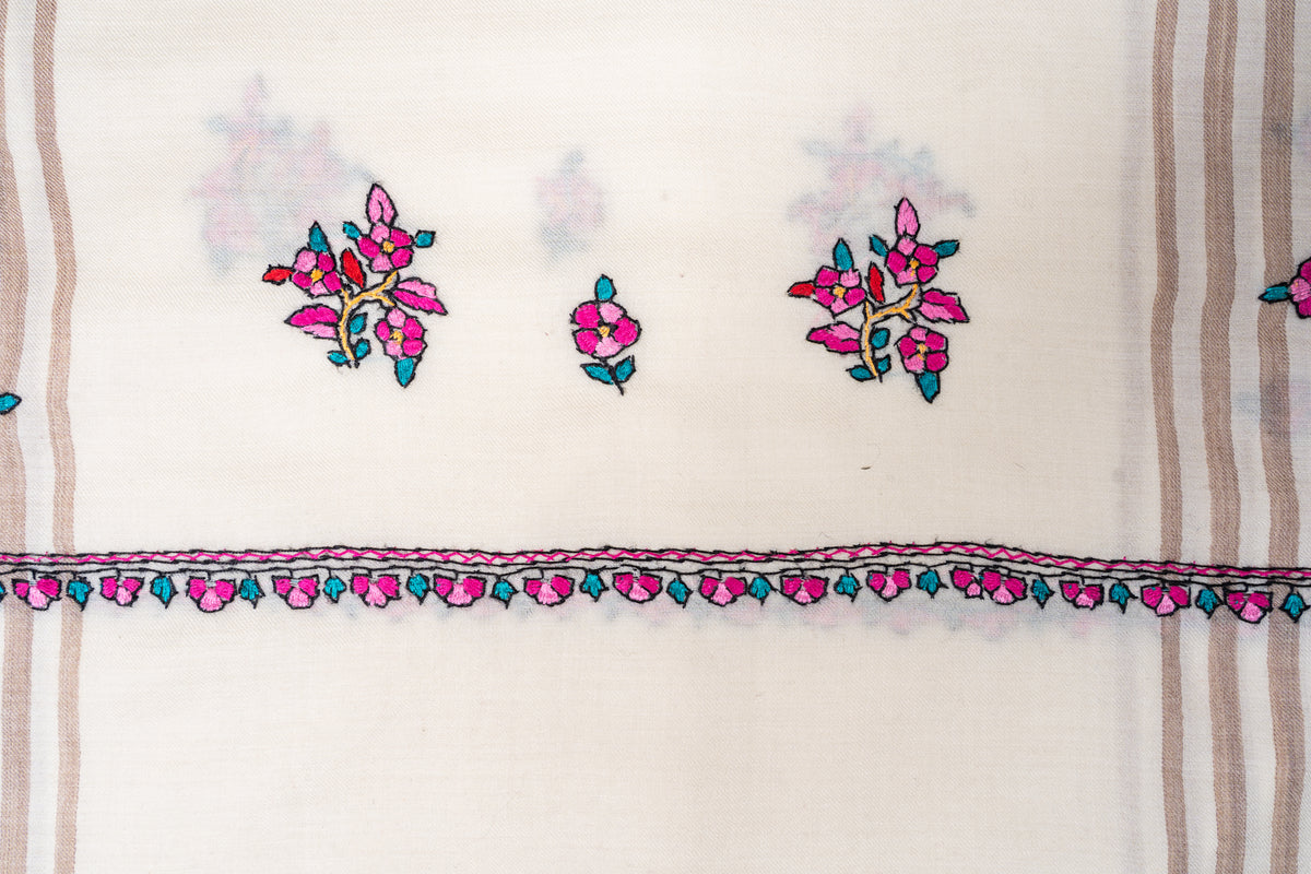 Flat detail of fuchsia floral sprigs on ivory fabric above a narrow pink and teal embroidered border