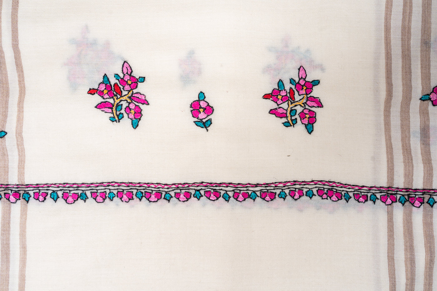 Sozni Hand Embroidered Merino Wool Shawl with Pink Floral Medallions